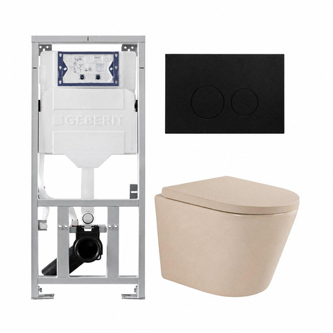 QeramiQ Dely Pack WC - 36,3x51,7cm - à fond creux - sans bride - réservoir encastré Geberit UP320 - abattant WC softclose 35 mm - plaque de commande en plastique noir mat - boutons ronds - beige mat SW1236517
