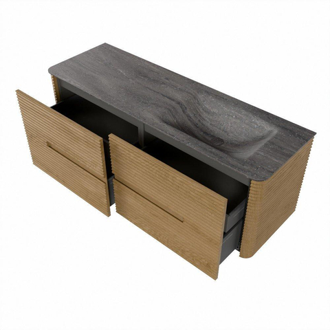 Mondiaz CIRO-DLUX Meuble de salle de bains - 140x45x50cm - Plan vasque solid surface Oza - 1 lavabo à droite - sans trous de robinet - 4 tiroirs - Chêne SW1531130