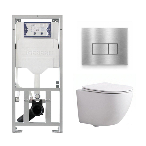 Pack WC QeramiQ Dely Swirl Compact - réservoir encastrable Geberit UP320 - avec bâti-support Burda - abattant slim - plaque de commande en métal inox - boutons rectangulaires - blanc brillant SW1592291