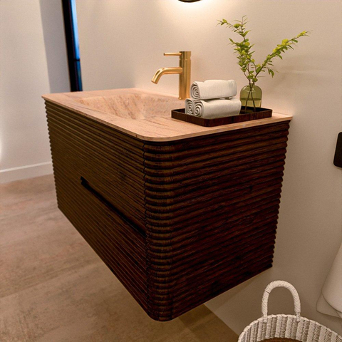 Mondiaz CIRO-DLUX Badkamermeubelset - 90x45x50cm - Solid surface wastafel Saba - 1 wasbak Midden - 1 kraangat - 2 lades - Walnut SW1530649