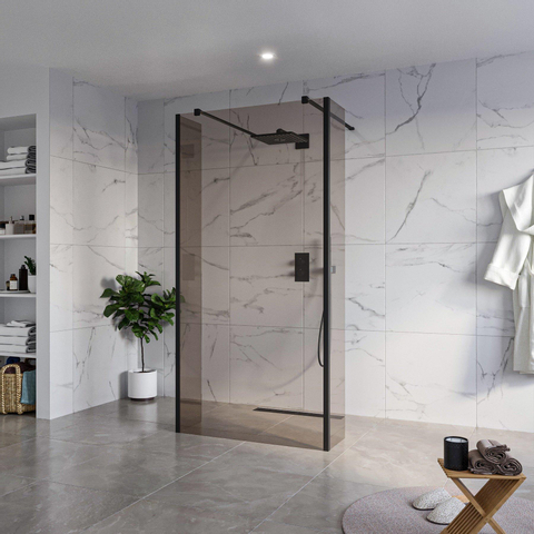 Fortifura Galeria Vrijstaande Inloopdouche - 100x200cm - Rookglas - antikalk - 8mm veiligheidsglas - 2 zijwanden - 30cm - wandsteunen en hoekprofielen - mat zwart SW976665