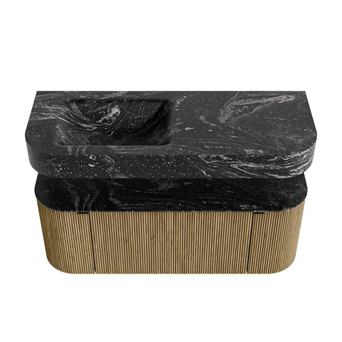 MONDIAZ THOR-DLUX 120cm meuble de salle de bains arrondi gauche + droite couleur Dusk avec 1 tiroir et 2 portes. Vasque suspendue CLOUD gauche 1 trou de robinet couleur Lava. SW1463310