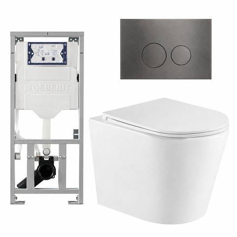 QeramiQ Dely Toiletset - 36.3x51.7cm - diepspoel - rimless - Geberit UP320 inbouwreservoir - met Burda frame - softclose toiletzitting - gunmetal bedieningsplaat - ronde knoppen - glans wit SW804659