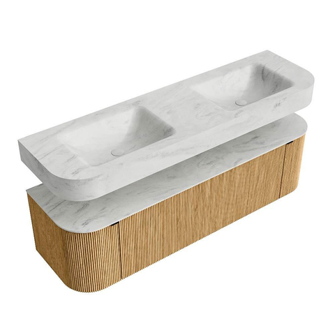 MONDIAZ THOR-DLUX 160cm badmeubel ronding links + rechts kleur Oak met 1 lade en 2 deuren. Vrijhangende wastafel CLOUD Dubbel 2 kraangaten kleur Opalo. SW1464970