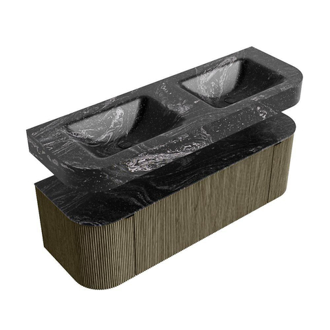 MONDIAZ THOR-DLUX 140cm meuble de salle de bains arrondi gauche + droite couleur Shadow avec 1 tiroir et 2 portes. Vasque suspendue CLOUD Double sans trou de robinet couleur Lava. SW1464133