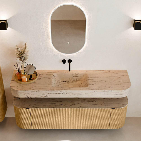 MONDIAZ THOR-DLUX 160cm badmeubel ronding links + rechts kleur Oak met 1 lade en 2 deuren. Vrijhangende wastafel CLOUD Midden zonder kraangat kleur Arena. SW1465095