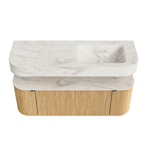 MONDIAZ THOR-DLUX 130cm meuble de salle de bains arrondi gauche + droite couleur Oak avec 1 tiroir et 2 portes. Vasque suspendue CLOUD Droite 1 trou de robinet couleur Ostra. SW1463555
