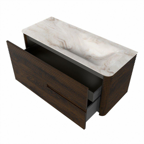 Mondiaz CIRO-DLUX Meuble de salle de bains - 110x45x50cm - Plan vasque solid surface Frappe - 1 vasque à droite - 1 trou de robinet - 2 tiroirs - Noyer SW1530324