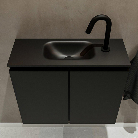 MONDIAZ TURE Fonteinset - 60x23x50cm - 1 kraangat - 2 deuren - urban mat - Wasbak midden - Solid Surface Zwart SW475251
