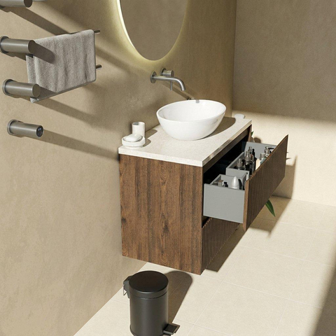 Saniclass Holz Atelier Badkamermeubelset - 80x45x63cm - Travertine natuurstenen topblad - zonder kraangat - 2 lades - mat eiken charcoal (hout) SW1478836