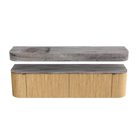 MONDIAZ THOR-DLUX 180cm badmeubel ronding links + rechts kleur Oak met 2 lades en 2 deuren. Vrijhangende wastafel CLOUD Links zonder kraangat kleur Oza. SW1466286