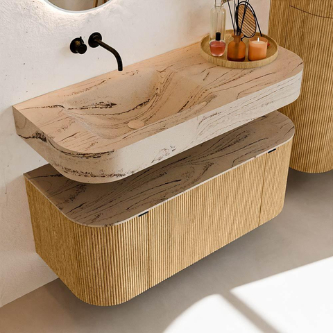 MONDIAZ THOR-DLUX 110cm meuble de salle de bains arrondi gauche + droite couleur Oak avec 1 tiroir et 2 portes. Vasque suspendue CLOUD Gauche sans trou de robinet couleur Arena. SW1462906