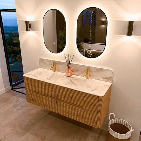 Mondiaz CIRO-DLUX Badkamermeubelset - 140x45x50cm - Solid surface wastafel Frappe - 2 wasbak Dubbel - 2 kraangaten - 4 lades - Oak SW1530869
