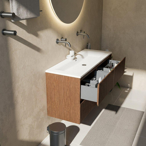 Saniclass Holz Atelier Badkamermeubelset - 120x45x77.5cm - Torino solid surface wastafel wit - zonder kraangat - 2 lades - mat walnut pure (hout) SW1478670
