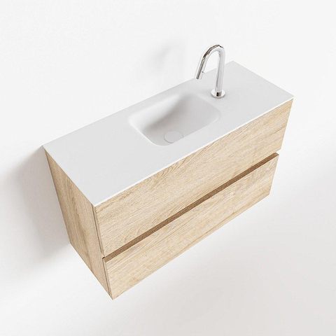 MONDIAZ ADA Meuble de toilettes - 80x30x50cm - 1 trou de robinet - 2 tiroirs - chêne blanchi mat - vasque au centre - Solid surface - Blanc SW472769