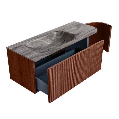 MONDIAZ KURVE-DLUX Meuble de salle de bains 115cm arrondi à droite couleur Ruby avec 1 tiroir et 1 porte. Vasque BIG SMALL à gauche 1 trou de robinet Sombra. SW1433949