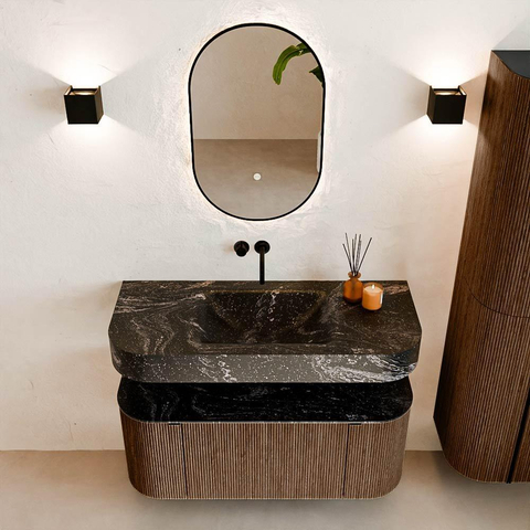 MONDIAZ THOR-DLUX 110cm meuble de salle de bains arrondi gauche + droite couleur Walnut avec 1 tiroir et 2 portes. Vasque suspendue CLOUD Milieu sans trou de robinet couleur Lava. SW1462754