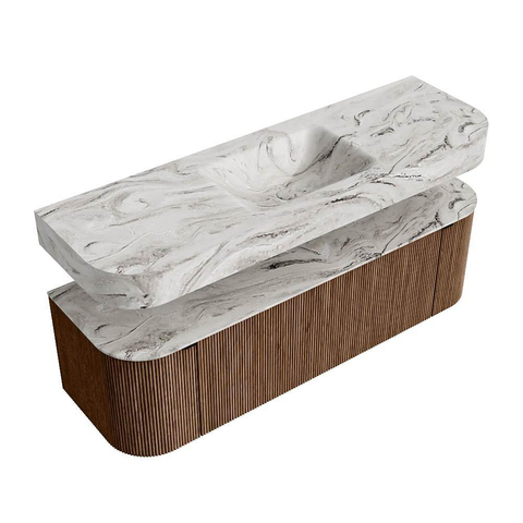 MONDIAZ THOR-DLUX 150cm badmeubel ronding links + rechts kleur Walnut met 1 lade en 2 deuren. Vrijhangende wastafel CLOUD Midden 1 kraangat kleur Glace. SW1464634