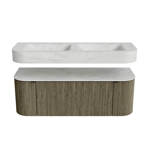 MONDIAZ THOR-DLUX Meuble de salle de bains 130cm arrondi gauche + droite couleur Shadow avec 1 tiroir et 2 portes. Vasque suspendue CLOUD Double 2 trous de robinet couleur Opalo. SW1463749