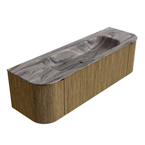 MONDIAZ KURVE-DLUX 150cm badmeubel ronding Links + Rechts kleur Dusk met 1 lade en 2 deuren. Wastafel BIG MEDIUM Midden zonder kraangat Sombra. SW1433856