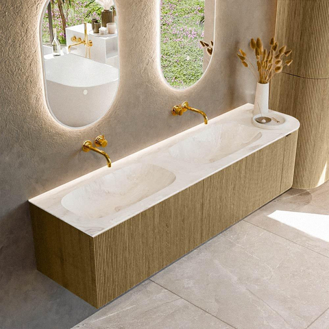 Mondiaz KURVE-DLUX Ensemble de meuble de salle de bains - 175x46x40cm - 2 tiroirs - 1 porte - lavabo solid surface - double / gauche - sans trou de robinet - Dusk SW1415027