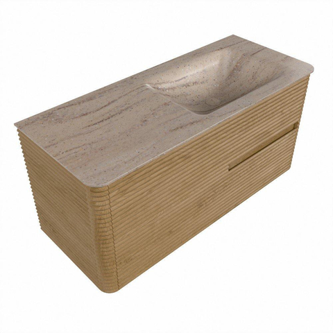 Mondiaz CIRO-DLUX Meuble de salle de bains - 110x45x50cm - Plan vasque solid surface Saba - 1 vasque à droite - 1 trou de robinet - 2 tiroirs - Chêne SW1531178