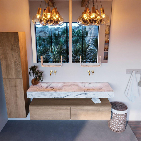 Mondiaz ALAN-DLUX Ensemble de meuble - 150cm - meuble Washed Oak mat - 2 tiroirs - Lavabo Cloud Glace suspendu - vasque Gauche et droite - 0 trous de robinet SW808685