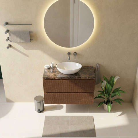 Saniclass Holz Atelier Ensemble de meubles de salle de bains - 100x45x63cm - plan de travail en pierre naturelle Noche Dark Emperador - sans trou de robinet - 2 tiroirs - noyer pur mat (bois) SW1478277