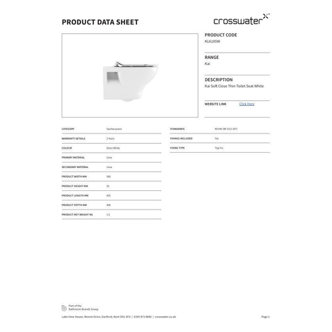 Crosswater KAI Slim abattant avec softclose avec déclipsage rapide 36x41x5cm plastique ABS blanc SW224325