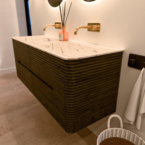 Mondiaz CIRO-DLUX Meuble de salle de bains - 130x45x50cm - Plan vasque en solid surface Nata - 2 vasques double - sans trous de robinetterie - 4 tiroirs - Shadow SW1532625
