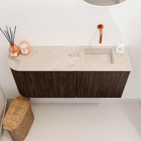 Mondiaz JOYA-DLUX 91.6cm toiletmeubel - ronding links kleur Walnut - Wastafel FAYE positie Rechts Zonder kraangat kleur Frappe. SW1422329