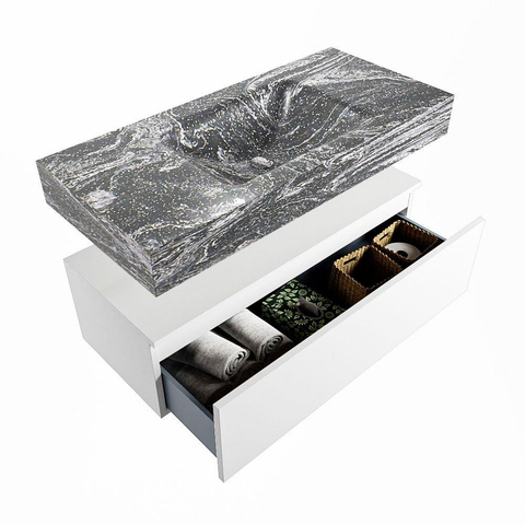 Mondiaz ALAN-DLUX Ensemble de meuble - 100cm - meuble Talc mat - 1 tiroir - Lavabo Cloud Lava suspendu - vasque Centre - 1 trou de robinet SW808094