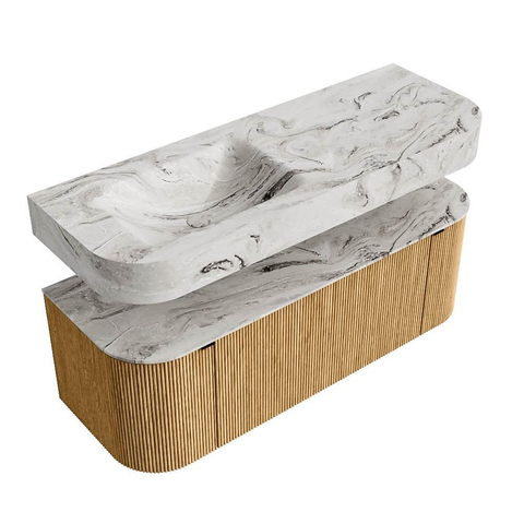 MONDIAZ THOR-DLUX 130cm badmeubel ronding links + rechts kleur Oak met 1 lade en 2 deuren. Vrijhangende wastafel CLOUD Links zonder kraangat kleur Glace. SW1463521