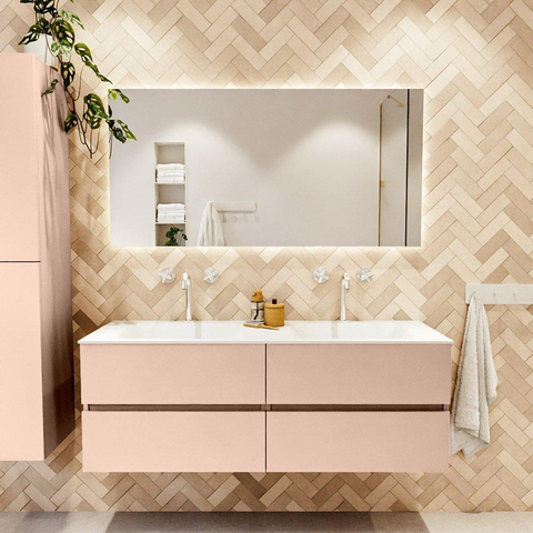 MONDIAZ VICA Ensemble meuble de salle de bains - 140cm - meuble bas rosee - 4 tiroirs - plan-vasque cloud double - 2 trous de robinet - version haute 60cm - talc SW1083359