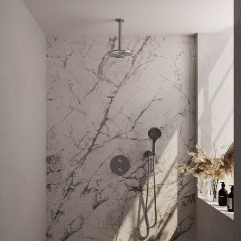 BRAUER Édition Brossée douche à effet pluie thermostatique encastrée - 3 voies - rond - ensemble 83 - douche principale de 20 cm - bras plafond - douchette à main 3 positions - flexible de douche - coude mural - inox brossé PVD SW1159156