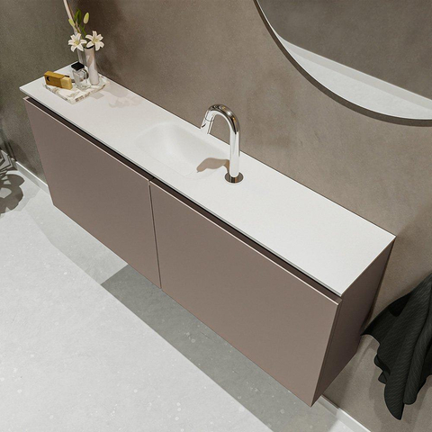MONDIAZ TURE Fonteinset - 120x23x50cm - 1 kraangat - 2 deuren - smoke mat - Wasbak midden - Solid Surface Wit SW474969