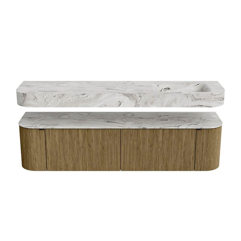 MONDIAZ THOR-DLUX Meuble de salle de bains 180cm arrondi gauche + droite couleur Dusk avec 2 tiroirs et 2 portes. Vasque suspendue CLOUD Droite 1 trou de robinet couleur Glace. SW1465997