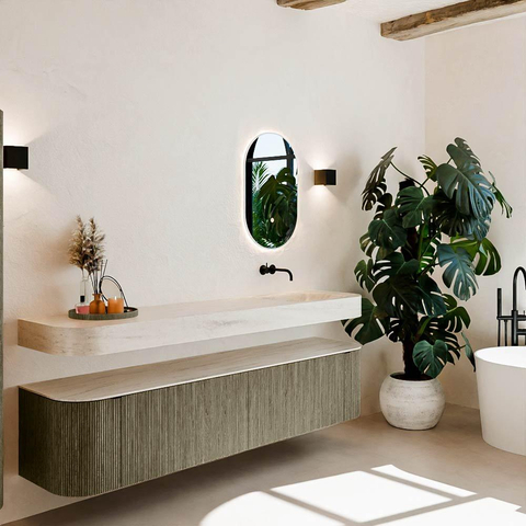 MONDIAZ THOR-DLUX 200cm meuble de salle de bains arrondi gauche + droite couleur Shadow avec 2 tiroirs et 2 portes. Vasque suspendue CLOUD Droite sans trou de robinet couleur Meli. SW1467142
