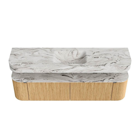 MONDIAZ THOR-DLUX 180cm meuble de salle de bains arrondi gauche + droite couleur Oak avec 2 tiroirs et 2 portes. Vasque suspendue CLOUD Milieu sans trou de robinet couleur Glace. SW1465894