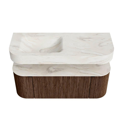 MONDIAZ THOR-DLUX 120cm badmeubel ronding links + rechts kleur Walnut met 1 lade en 2 deuren. Vrijhangende wastafel CLOUD Links zonder kraangat kleur Ostra. SW1463223