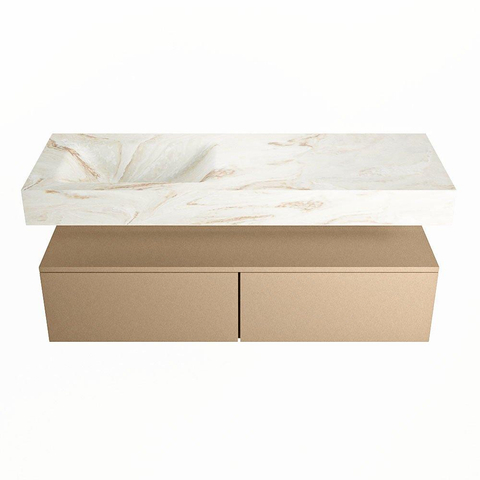 Mondiaz ALAN-DLUX Ensemble de meuble - 130cm - meuble Oro mat - 2 tiroirs - Lavabo Cloud Frappe suspendu - vasque Gauche - 0 trous de robinet SW804858