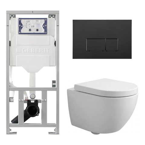 Pack WC QeramiQ Dely Swirl Compact - réservoir encastrable Geberit UP320 - avec bâti-support Burda - abattant 25 mm - plaque de commande en métal noir mat - boutons rectangulaires - blanc mat SW1595660