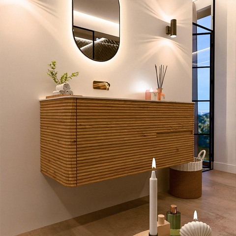 Mondiaz CIRO-DLUX Ensemble de meubles de salle de bains - 120x45x50cm - vasque en solid surface Meli - 1 lavabo à gauche - sans trous de robinet - 2 tiroirs - Chêne SW1531402
