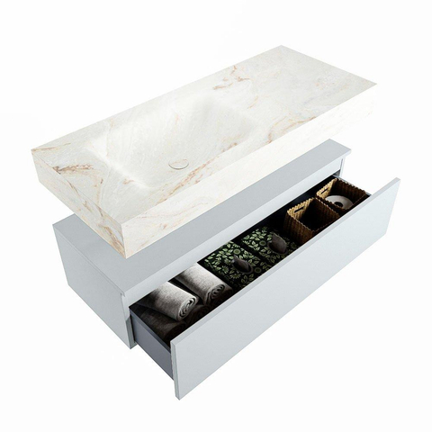 Mondiaz ALAN-DLUX Ensemble de meuble - 110cm - meuble Clay mat - 1 tiroir - Lavabo Cloud Frappe suspendu - vasque Gauche - 0 trous de robinet SW804969