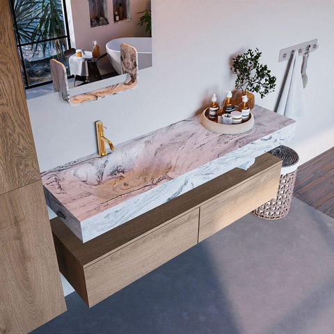 Mondiaz ALAN-DLUX Ensemble de meuble - 150cm - meuble Washed Oak mat - 2 tiroirs - Lavabo Cloud Glace suspendu - vasque Gauche - 1 trou de robinet SW808635