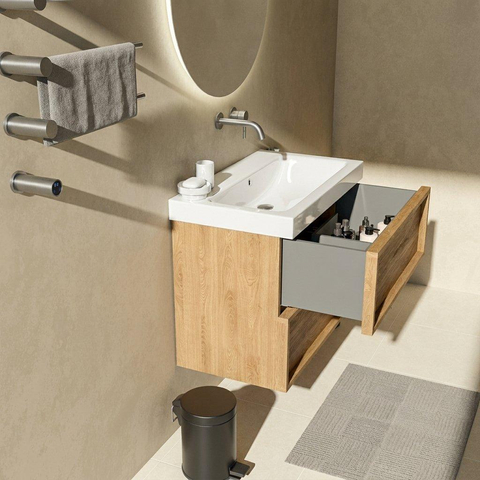 Saniclass Holz Frame Badkamermeubelset - 80x45x67.5cm - Wave keramische wastafel - 1 wasbak - zonder kraangat - 2 lades - mat eiken natural (hout) SW1579752