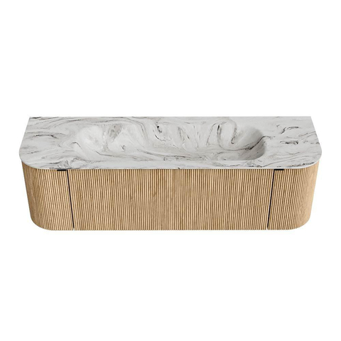MONDIAZ KURVE-DLUX meuble de salle de bains 150cm avec module 25 Len R couleur Chêne avec 1 tiroir et 2 portes. Vasque BIG MEDIUM centrée sans trou de robinet couleur Glace. SW1137926