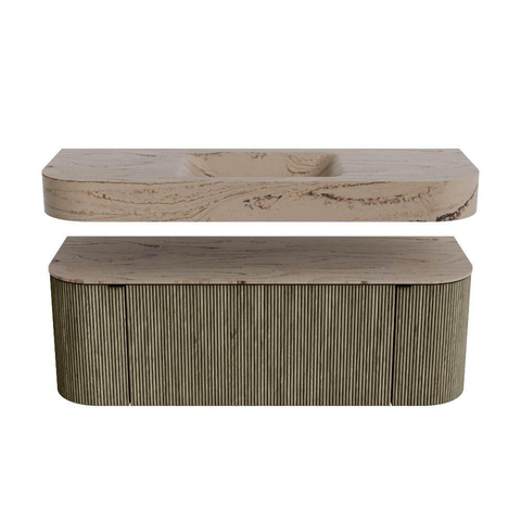 MONDIAZ THOR-DLUX 130cm meuble de salle de bains arrondi gauche + droite couleur Shadow avec 1 tiroir et 2 portes. Vasque suspendue CLOUD Milieu sans trou de robinet couleur Arena. SW1463856