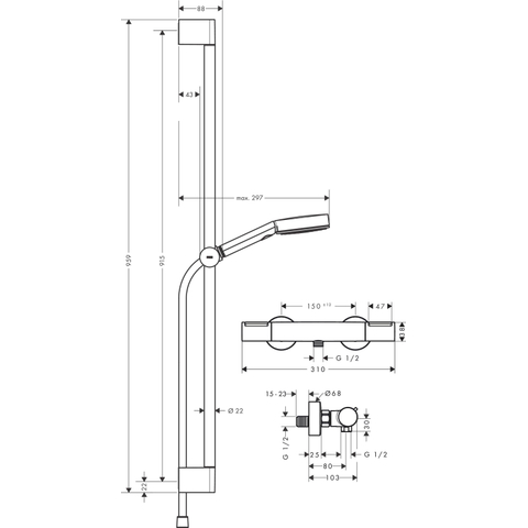 Hansgrohe Pulsify select s Glijstangset - ecosmart - handdouche - thermostatische kraan - 90cm - glijstang - glijstuk - doucheslang - hoogglans chroom SW1186267