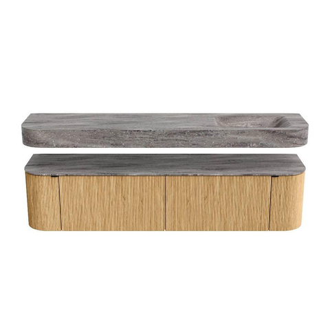 MONDIAZ THOR-DLUX Meuble de salle de bains 190cm arrondi gauche + droite couleur Oak avec 2 tiroirs et 2 portes. Vasque suspendue CLOUD Droite sans trou de robinet couleur Oza. SW1466806